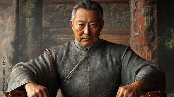 Fototapeta Elderly Man in Traditional Attire Seated with a Wise Expression Perfect for Historical Cultur