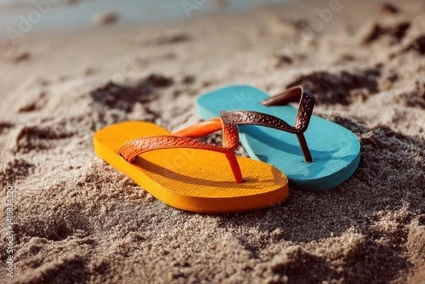 Obraz Bright Orange and Blue Flip-Flops in the Sand. Generative AI.
