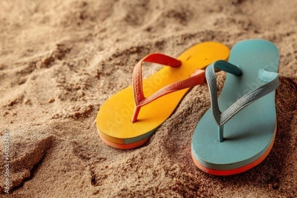 Obraz Matching Flip-Flops on Hot Sand at the Beach. Generative AI.