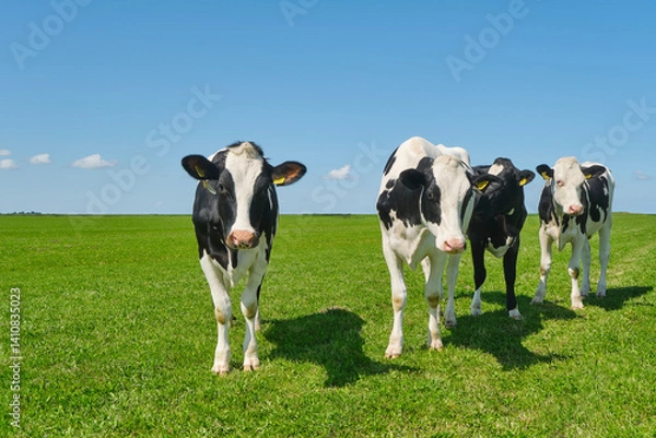 Fototapeta Young black and white Frisian Holstein cows in a sunny pasture under a blue sky looking curiously into the camera 