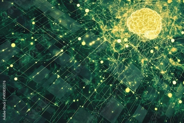 Fototapeta glowing brain within a digital neural grid. Energy streams, glowing connections, abstract tech structures in a green AI-themed background.