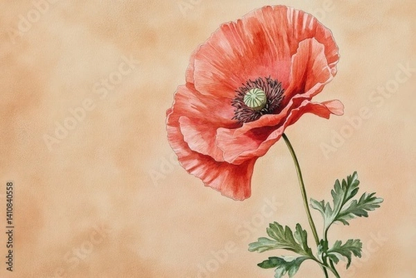 Fototapeta Delicate watercolor poppy blossom against a soft background.