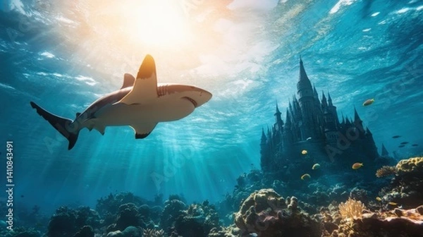 Obraz A striking underwater image showcasing a shark swimming beneath a majestic castle, surrounded by colorful fish, capturing a sense of wonder and exploration in the ocean.