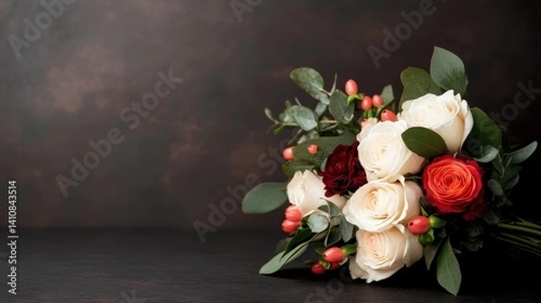 Obraz A rich bouquet featuring red and white roses against a textured dark background, portraying a sense of elegance, passion, and peaceful beauty in artistic floral arrangement.