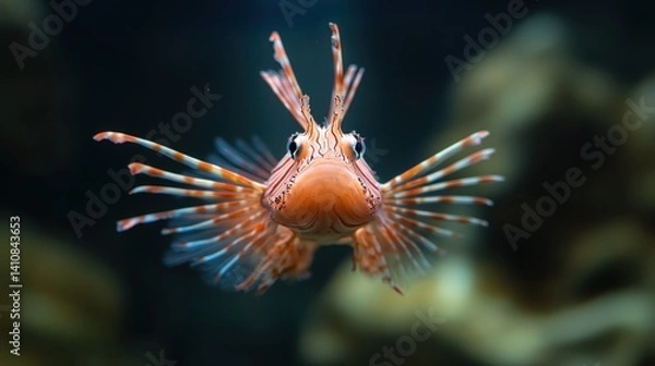 Obraz This stunning image captures a lionfish gracefully swimming, showcasing its colorful fins and vibrant patterns in a beautiful underwater environment teeming with life.