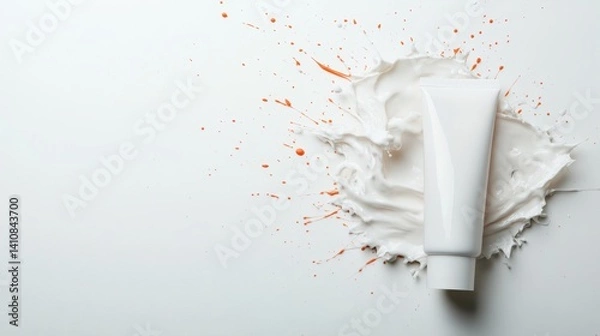 Obraz A modern white tube lies prominently atop a splash of creamy texture, creating a visually striking contrast that captures attention and evokes a sense of freshness.
