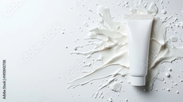 Obraz This artistic image features a white tube positioned centrally amidst a splash of creamy liquid, highlighting its sleek design and appealing aesthetic for cosmetic promotion.