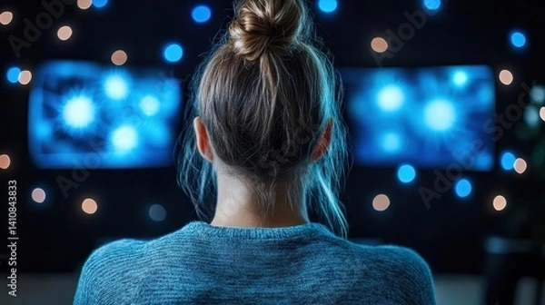 Obraz A serene back view of a woman with her hair in a bun, captivated by the blue glow of multiple screens, symbolizing focus on technology and introspection in a calming space.