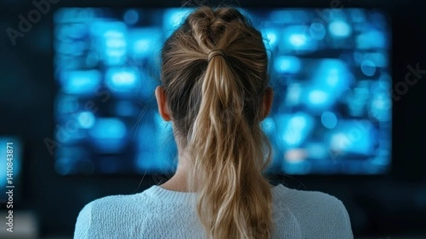 Obraz A long-haired woman is seen from behind, deeply focused on bright screens, embodying concentration and the influence of technology on personal and professional life.