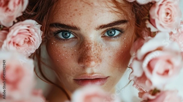 Obraz A mesmerizing close-up of a youthful redhead with freckles, beautifully framed by roses, expressing a sense of beauty and playfulness in a soft light setting.