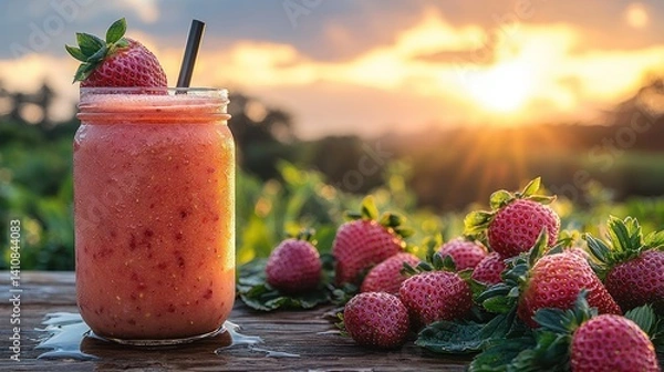 Fototapeta Strawberry smoothie in jar on wood with sunrise background and strawberries near it