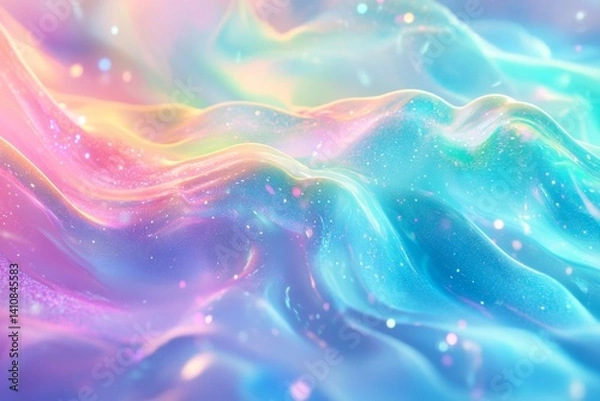 Fototapeta Flowing abstract data streams in pastel neon tones form seamless AI-inspired networks with floating transparent holograms. Concept of innovation in healthcare, education, and sustainability.