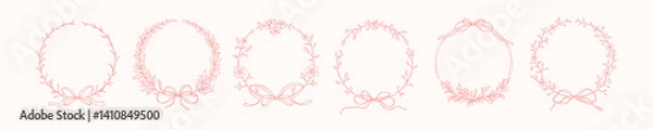 Fototapeta Filigree coquettish hand drawn spring floral frames with cute ribbon bows. Doodle botany borders set. Victorian style design elements. Roses, laurel, olive, peony pink wreath. Whimsical girly drawing