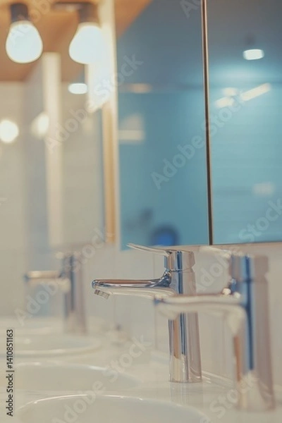 Fototapeta Bright restroom with white sinks, chrome faucets, mirrors, and LED lights. Clean, modern interior of mall, airport, hotel, dormitory, school, or clinic in Asia.