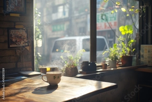 Fototapeta Warm sunlit table in small Asian café, hot drink steaming in ceramic cup, urban street outside, potted plants on windowsill, nostalgic morning vibe.