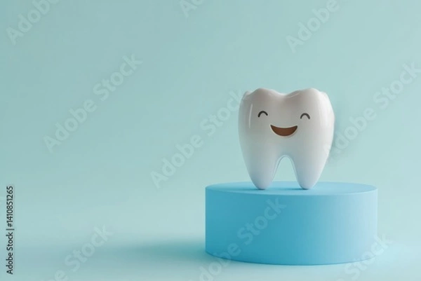 Fototapeta Clean smiling tooth with oral irrigator — dental hygiene and prevention concept
