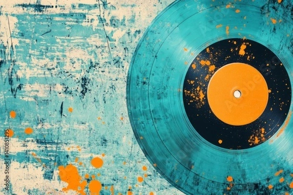 Fototapeta Retro-style music record in turquoise with orange paint splashes and shimmering details. 