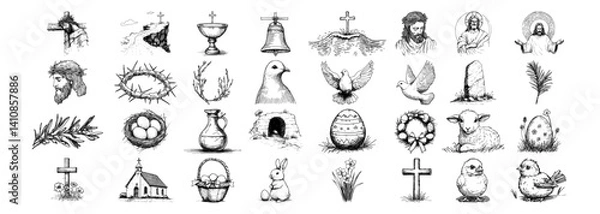 Fototapeta christian easter icons with jesus, cross, resurrection, lamb, dove, church and crown of thorns vector hand drawn doodle ink sketch