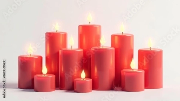 Fototapeta Glowing pink wax candles arranged in group on white background.