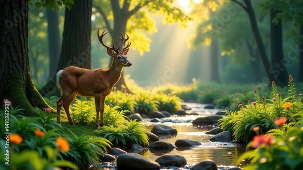 Fototapeta A deer standing next to a stream in a forest