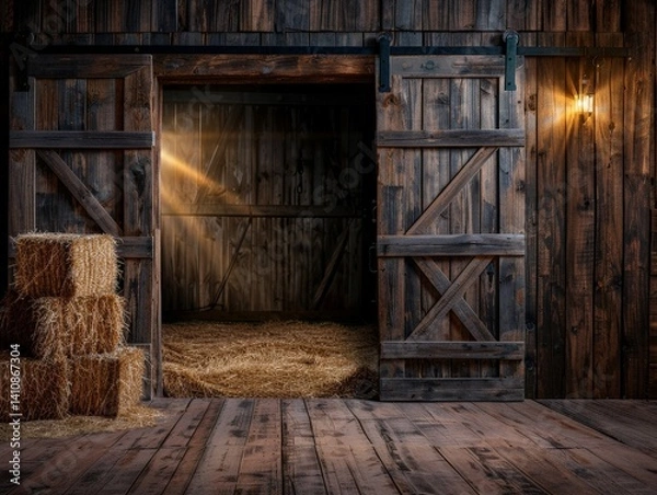 Obraz Weathered Barn Door Ajar with Sunlight Streaming Inside