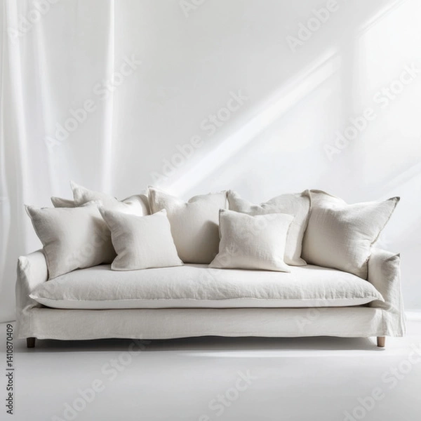 Fototapeta Cozy Linen Sofa: A modern, cream-colored linen sofa adorned with plush pillows, offering a haven of comfort and sophistication, evoking a sense of serenity and minimalist charm.