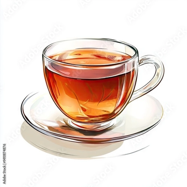 Fototapeta A glass teacup filled with amber-hued tea, resting on a saucer