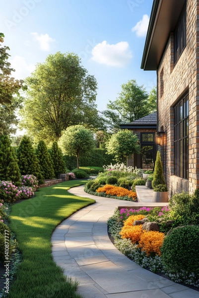 Obraz Garden landscaping near a brick house, freshly planted trees and bushes, clean garden paths, retaining walls, lawn and flowerbeds