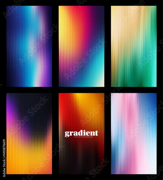 Fototapeta Ripple glass distortion background set. Collection Vertical Abstract fractal effect ribbed glass texture with vibrant gradients. Reeded Bold dynamic design blending futuristic tones vector bg.