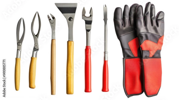 Fototapeta Barbecue Tools Arrangement: A collection of barbecue tools with gloves in a row, perfectly displayed. Each tool has a specific purpose for outdoor cooking, arranged side by side.