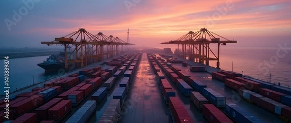 Fototapeta Stack of Colorful Shipping Containers at Sunset