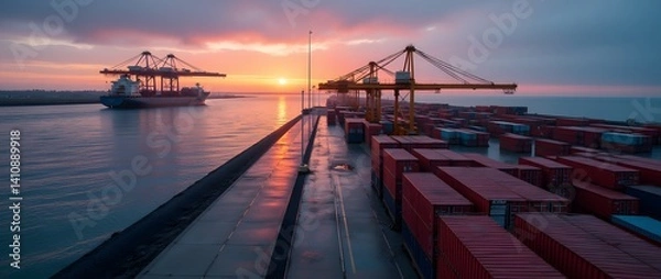 Fototapeta Stack of Colorful Shipping Containers at Sunset