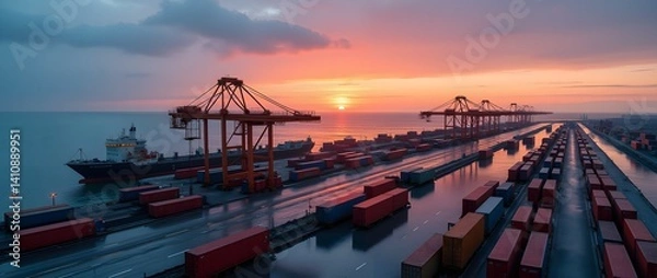 Fototapeta Stack of Colorful Shipping Containers at Sunset