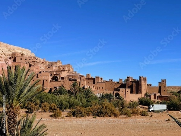 Obraz Ait Ben Haddou, in Morocco. Ancient Clay Village and Palm Tree Oasis Landscape