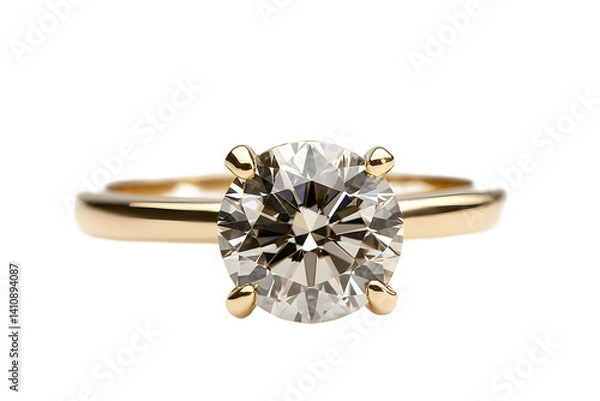 Obraz Gold ring featuring large round diamond set with four prongs. Polished, elegant, on transparent background backdrop