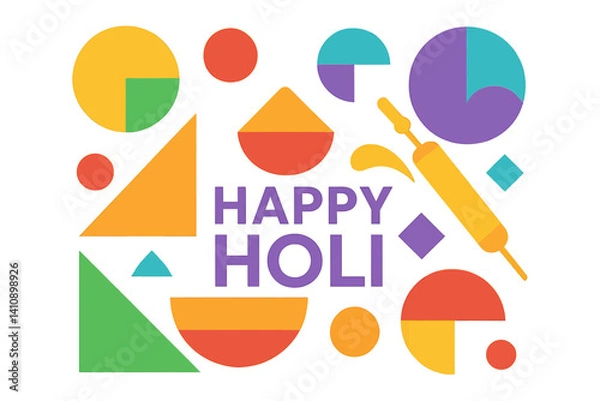 Fototapeta Happy Holi, as represented by a creative flat minimal trendy style colorful geometric shape vector illustration background