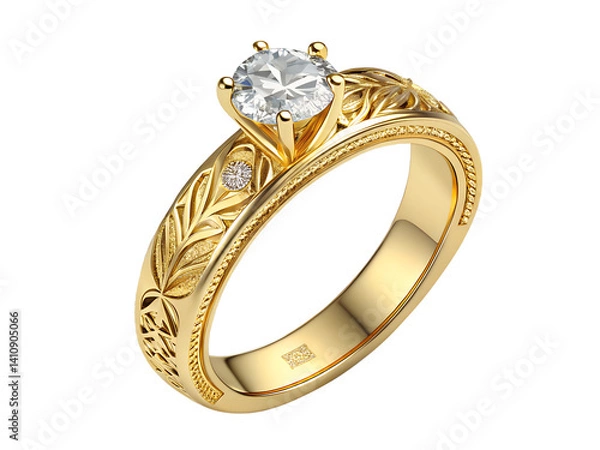 Obraz This exquisite wedding ring shines with a golden band that showcases detailed diamond engravings along its surface. The centerpiece is a brilliant diamond,  PNG   transparent