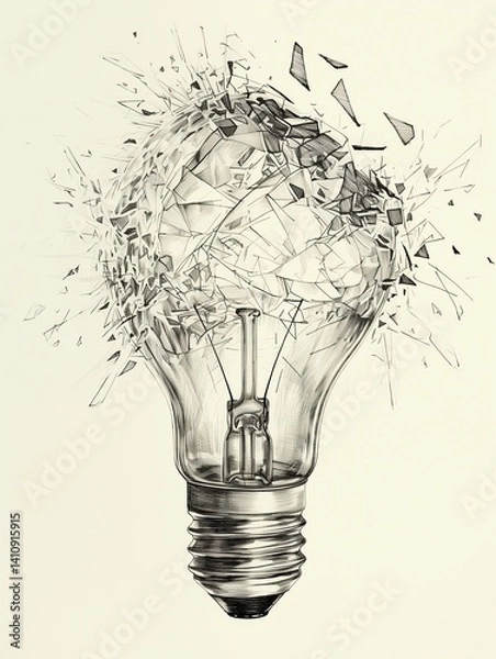 Fototapeta Minimalist ink sketch of a light bulb exploding in the dark — shattered but still whole — symbolizing the fragile yet powerful nature of ideas, inspiration, and innovation.