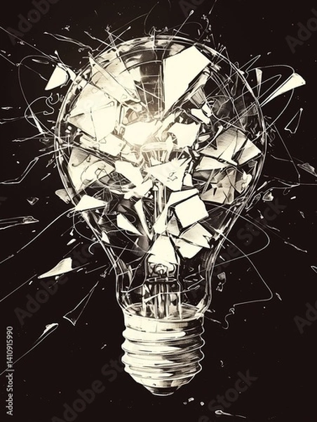 Fototapeta Minimalist ink sketch of a light bulb exploding in the dark — shattered but still whole — symbolizing the fragile yet powerful nature of ideas, inspiration, and innovation.