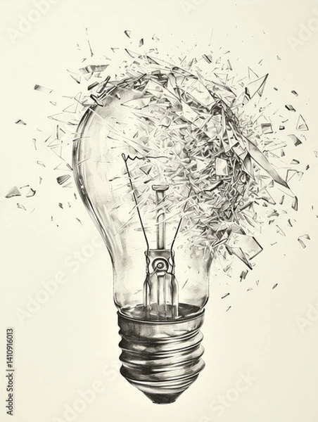 Fototapeta Minimalist ink sketch of a light bulb exploding in the dark — shattered but still whole — symbolizing the fragile yet powerful nature of ideas, inspiration, and innovation.