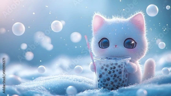 Obraz <Adorable Kitten with Fluffy Fur in Whimsical Winter Scene Enjoying Bubble Tea - Cute and Cozy Indoor Pet Photo for Pet Lover's Dream>