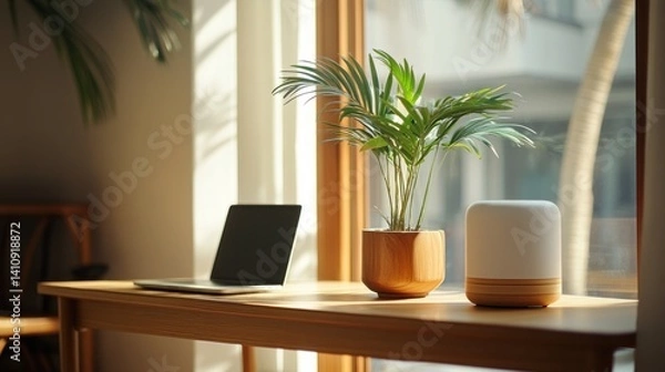 Obraz Sunlit workspace featuring a modern laptop, indoor plant and sleek lamp