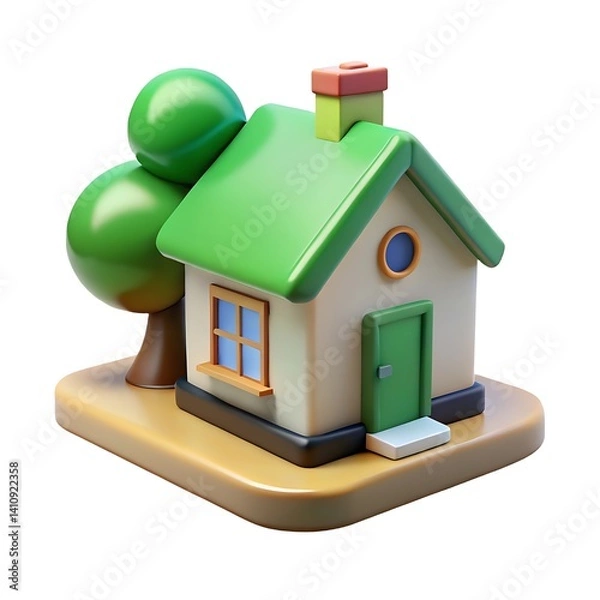 Fototapeta A cartoon house with a green roof and a tree next to it on a tan platform in a digital rendering