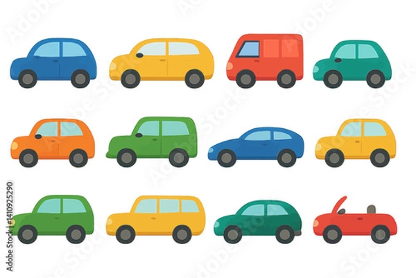 Fototapeta A variety of cars in diverse colors and shapes, illustrated in a flat style, are set against a white background, suitable for children