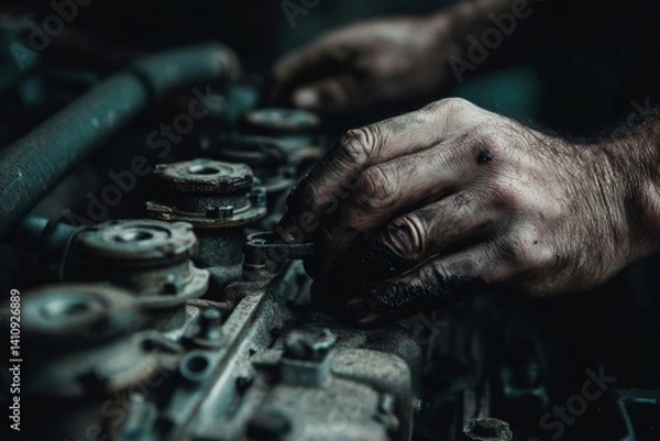 Fototapeta Close-up shot of a mechanic's hands working on a car engine, showing grit and precision.