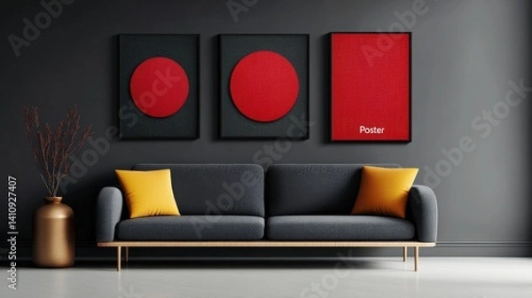 Fototapeta Living room interior with gray couch