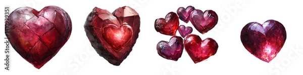 Obraz Shiny Ruby Red Hearts 3D Style with Crystal Texture – Romantic Valentine Love Elements – Isolated on Transparent Background