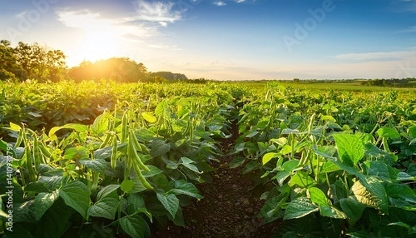 Fototapeta Green bean pods plantation String beans grow in a farmer's field