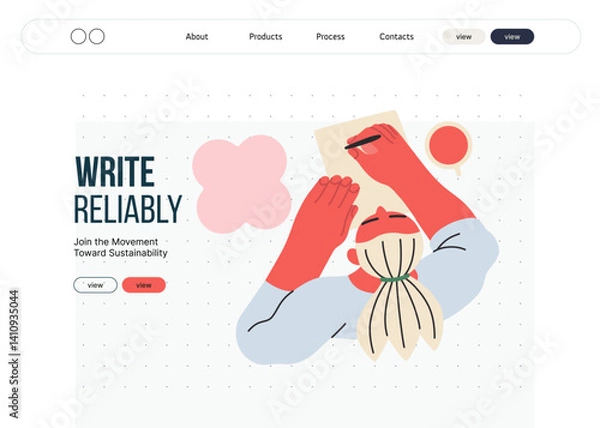Obraz Writing people, modern flat vector concept illustration- sitting woman thoughtfully writing on paper, bubble near head, top view. Metaphor for reflection, insight, contemplation, creative expression