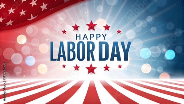 Fototapeta Happy Labor Day Celebration, American Flag, Red, White, and Blue Patriotic Background with Bokeh Lights